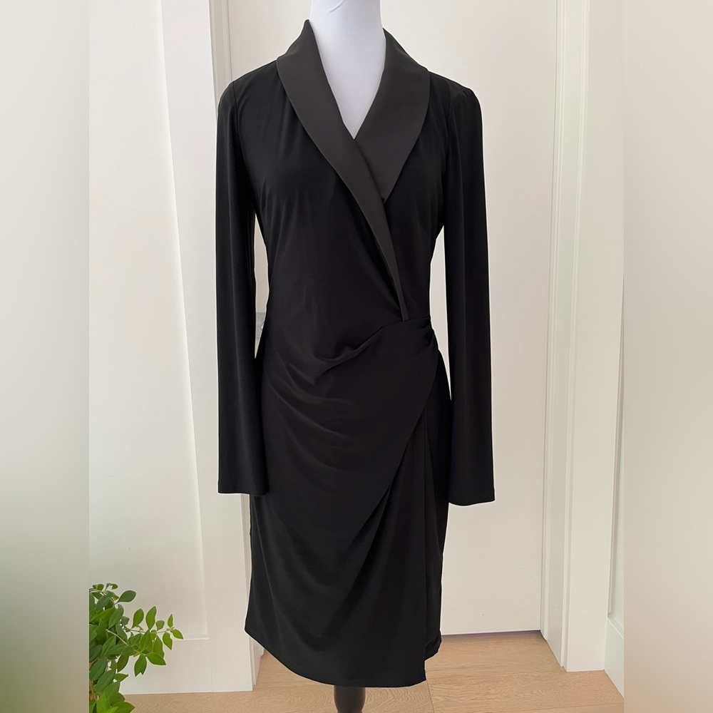 CHAPS Shawl Collar Faux Wrap Front V Neck Midi Dress Formal Occasion Event Chic